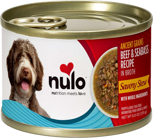 Nulo Ancient Grains Savory Stew With Whole Ingredients Puppy & Dog Food, Beef And Seabass In Broth, 6.0 Ounce, 8 Cans