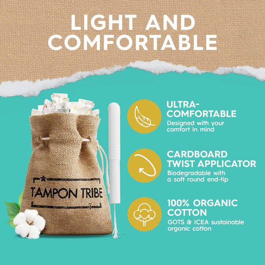 Organic Tampons - Safe Non Toxic Tampons - Natural Organic Cotton Tampons - Leak-Free Light Tampons - Tampons Organic - Regular Organic Tampons - Super Organic Tampons with Cardboard Applicator