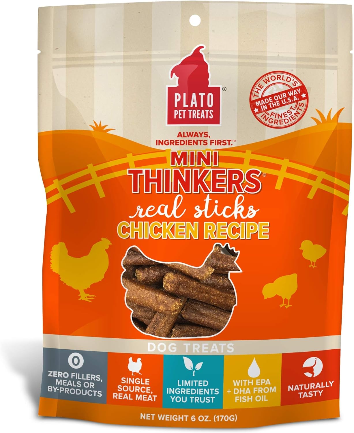 Plato Pet Treats Air Dried Dog Treats Chicken Mini Thinkers Sticks, Natural Dog Treats, Real Meat, Air Dried, Made In The Usa, 6Oz