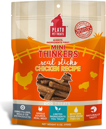 Plato Pet Treats Air Dried Dog Treats Chicken Mini Thinkers Sticks, Natural Dog Treats, Real Meat, Air Dried, Made In The Usa, 6Oz