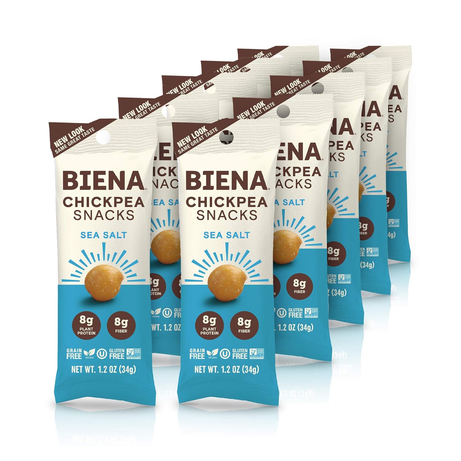 Biena Crispy Roasted Chickpea Snacks, Sea Salt 10 Single-serve packets 1.2oz, High Protein Snacks, High Fiber Snacks, Gluten Free, Plant-Based, Healthy Snacks for Adults and Kids