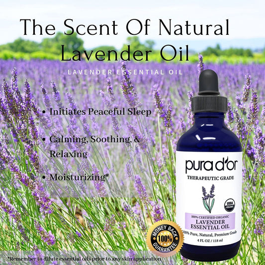 Pura D'Or Organic Lavender Essential Oil (4Oz With Glass Dropper) 100% Pure & Natural Therapeutic Grade For Hair, Body, Skin, Aromatherapy Diffuser, Relaxation, Meditation, Massage, Home, Diy Soap