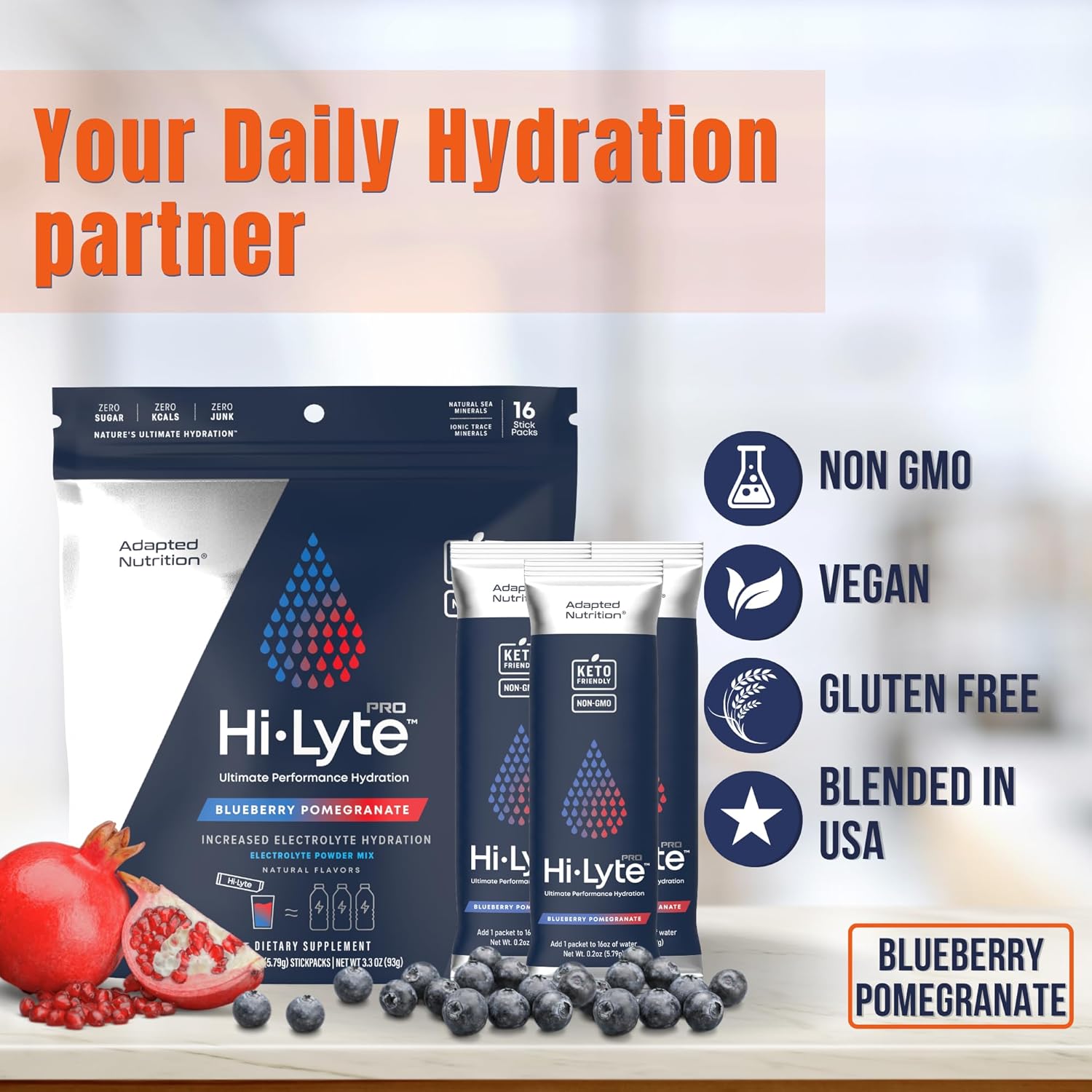 Hi-Lyte Pro Hydration Packets - 16 Individual Drink Packets | Blueberry Pomegranate | Flavored Electrolyte Packets | Sugar-Free, Zero Carb, Zero Calorie : Health & Household