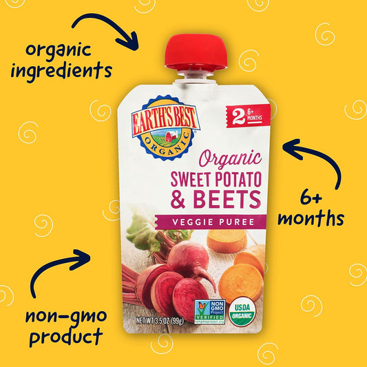 Earth'S Best Organic Baby Food Pouches, Stage 2 Vegetable Puree For Babies 6 Months And Older, Organic Sweet Potato And Beets Puree, 3.5 Oz Resealable Pouch (Pack Of 12)