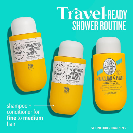 Sol De Janeiro Mini 4 Play Moisturizing Shower Cream Gel Body Wash + Brazilian Joia Damage Repairing Shampoo And Conditioner Set
