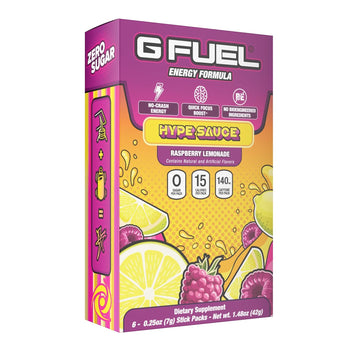 G Fuel Hype Sauce Energy Powder Packets, Sugar Free, Clean Caffeine Focus Supplement, Water Mix, Raspberry + Lemonade Flavor, Focus Amino, Vitamin + Antioxidants Blend - 6 Stick Pack, 0.25 Oz