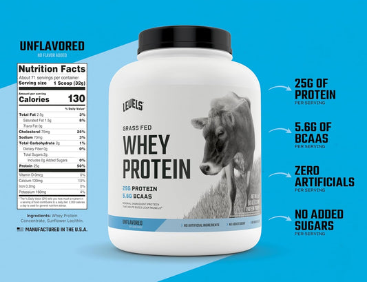 Levels Grass Fed Whey Protein Powder, No Artificials, 25G Of Protein, Unflavored, 5Lb