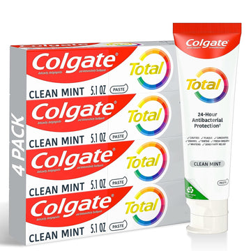 Colgate Total Clean Mint Toothpaste, 10 Benefits, No Trade-Offs, Freshens Breath, Whitens Teeth and Provides Sensitivity Relief, Clean Mint Flavor, 4 Pack, 5.1 Oz Tubes