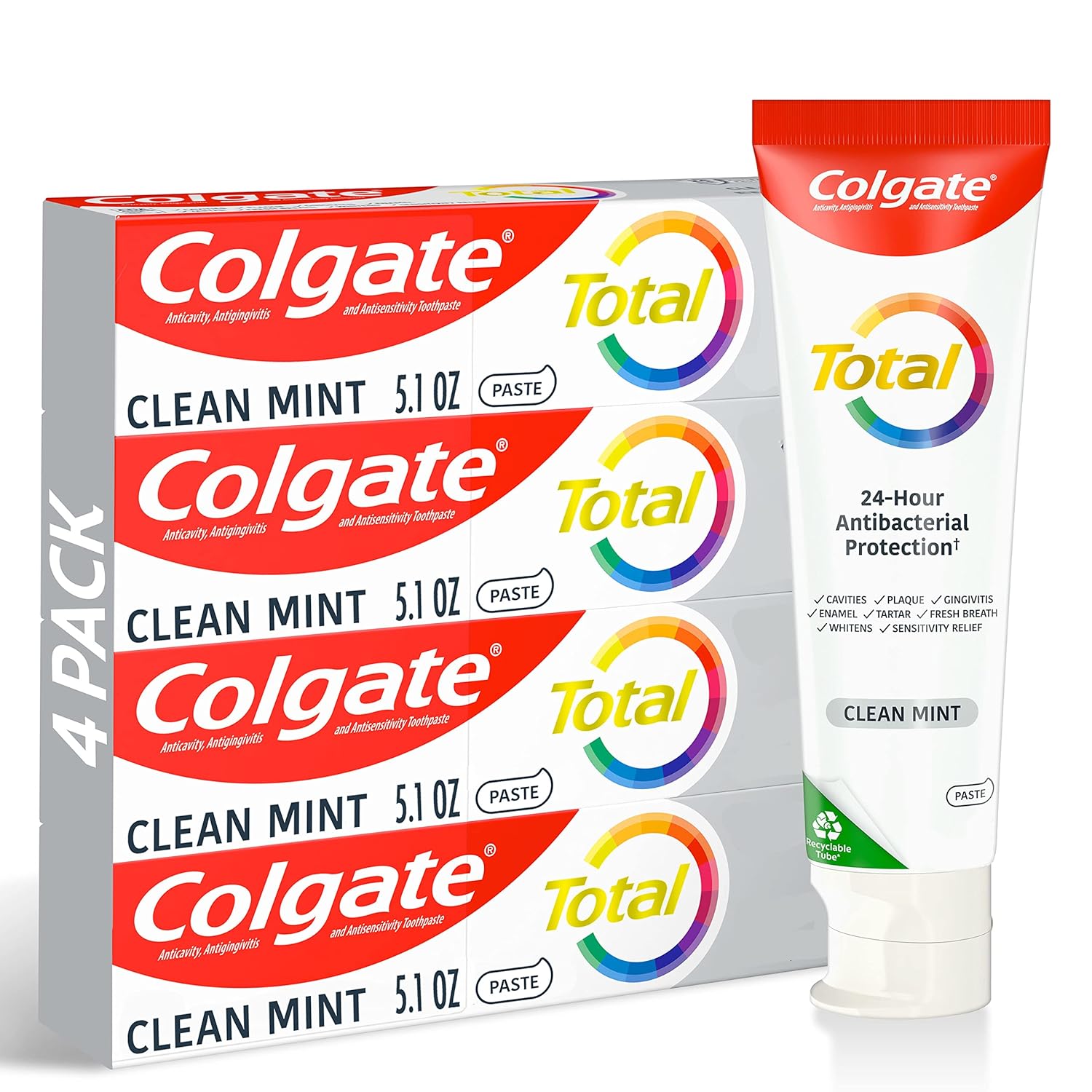 Colgate Total Clean Mint Toothpaste, 10 Benefits, No Trade-Offs, Freshens Breath, Whitens Teeth And Provides Sensitivity Relief, Clean Mint Flavor, 4 Pack, 5.1 Oz Tubes