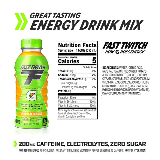 Fast Twitch Energy Drink From Gatorade, Tropical Mango, 12Oz Bottles, (12 Pack), 200Mg Caffeine, Zero Sugar, Electrolytes