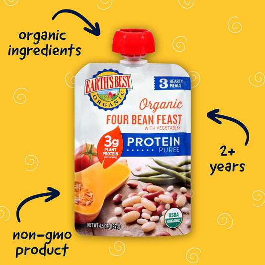 Earth's Best Organic Baby Food Pouches, Stage 3 Protein Puree for Toddlers 2 Years and Older, Organic Four Bean Feast, 4.5 oz Resealable Pouch (Pack of 12)