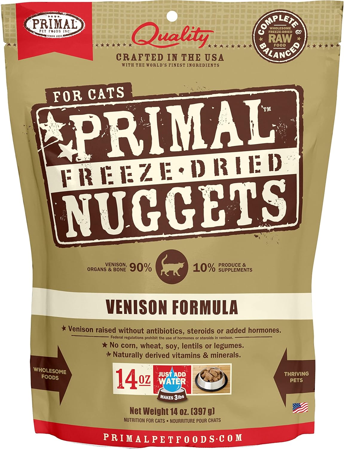 Primal Freeze Dried Cat Food Nuggets Venison; Complete & Balanced Meal or Topper; Premium, Healthy, Grain Free, High Protein Raw Cat Food with Probiotics (14 oz)