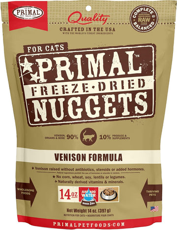 Primal Freeze Dried Cat Food Nuggets Venison; Complete & Balanced Meal or Topper; Premium, Healthy, Grain Free, High Protein Raw Cat Food with Probiotics (14 oz)