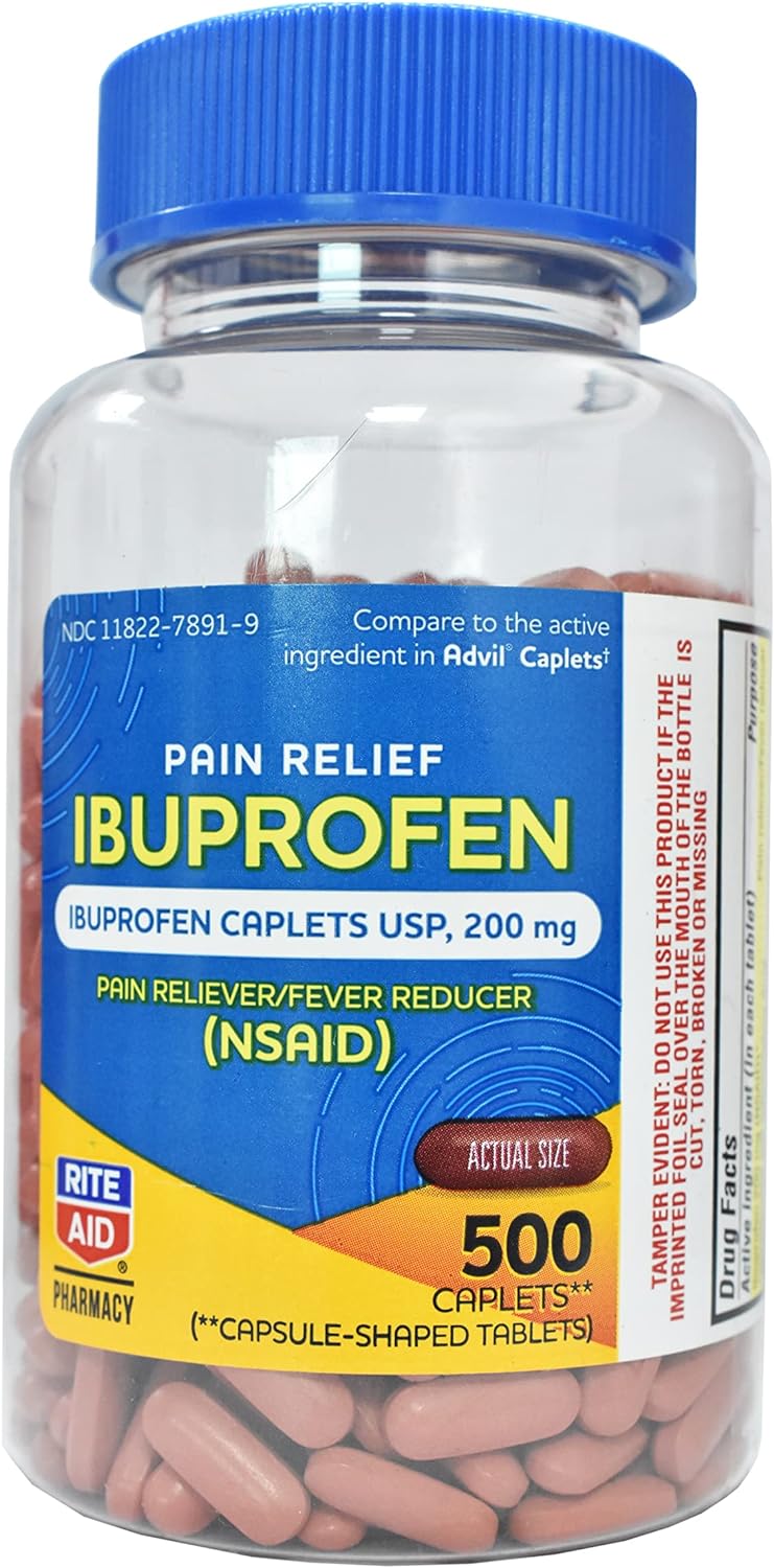 Rite Aid Pharmacy Ibuprofen 200 mg - 500 Coated Brown Caplets - Pain Reliever and Fever Reducer - Migraine Relief - Back Pain Relief - Arthritis Pain Relief Pills - Pain Killer