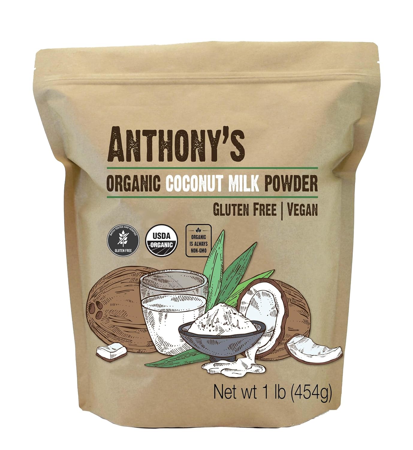 Anthony'S Organic Coconut Milk Powder, 1 Lb, Gluten Free, Vegan & Dairy Free, Creamer Alternative, Keto Friendly