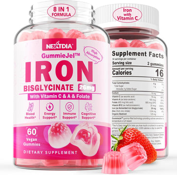 Iron Filled Gummies 26mg for Women, Non-Constipating- High Absorption Chelated Bisglycinate Iron with Vitamin C, Folate, B12 for Iron Deficiency & Anemia, Energy, No Rust Taste Iron Supplement, 60Cts