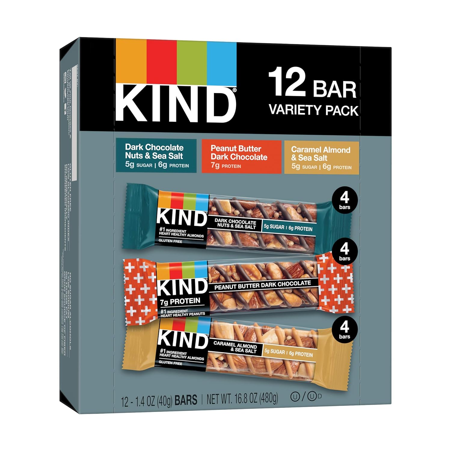 Kind Nut Bars Favorites Variety Count, 1.4 Ounce, 12 Count, Dark Chocolate Nuts And Sea Salt, Peanut Butter Dark Chocolate, Caramel Almond And Sea Salt