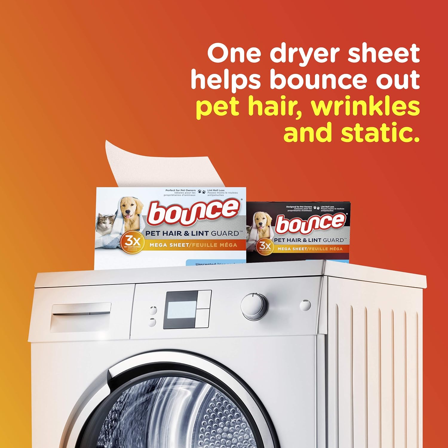 Bouce Bounce Pet Hair And Lint Guard Mega Dryer Sheets For Laundry, Fabric Softener With 3X Pet Hair Fighters, Unscented, Hypoallergenic, 120 Count