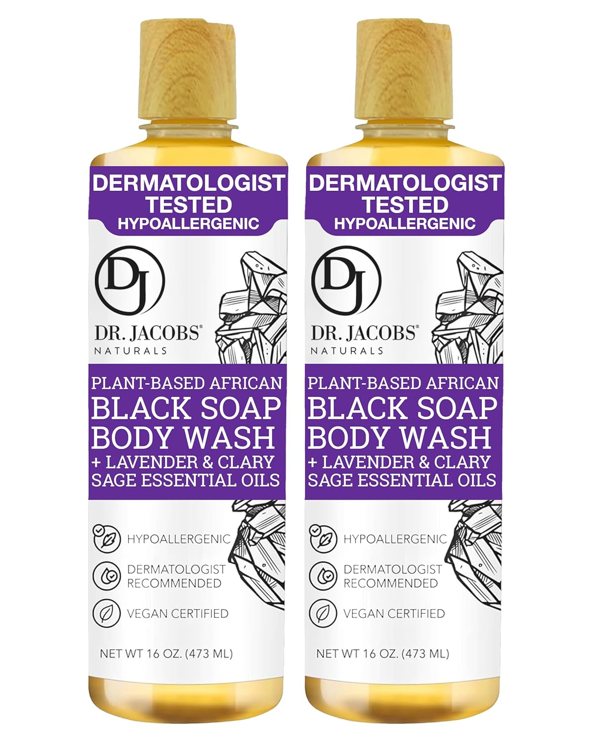 Dr Jacobs Naturals Authentic African Black Liquid Soap With Lavender & Sage Scent | All-In-One Face Wash, Sensitive Skin Body Wash, Shampoo, Shaving Soap | Moisturizing And Nourishing Formula 16Oz 2Pk
