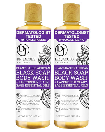 Dr Jacobs Naturals Authentic African Black Liquid Soap With Lavender & Sage Scent | All-In-One Face Wash, Sensitive Skin Body Wash, Shampoo, Shaving Soap | Moisturizing And Nourishing Formula 16Oz 2Pk