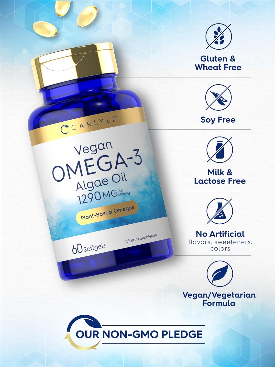 Carlyle Vegan Omega 3 Supplement | 1290 mg | 60 Softgels | Plant Based | Non-GMO & Gluten Free | from Algae Oil : Health & Household