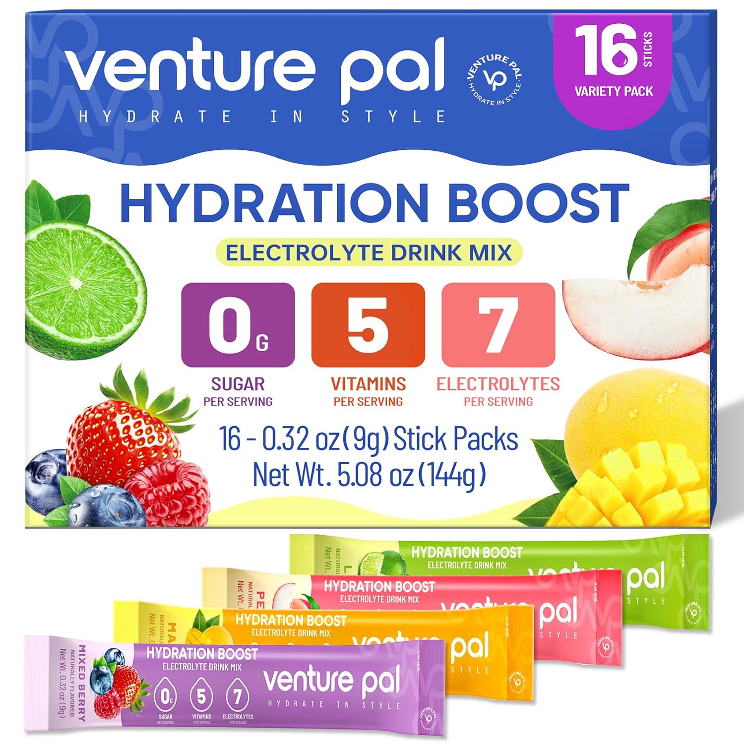 Venture Pal Sugar Free Electrolyte Powder Packets - Liquid Daily Iv Hydration Packets | Electrolytes Drink Mix With 5 Vitamins & 7 Electrolytes | Keto Friendly | Non-Gmo | Certified Vegan | 16 Sticks