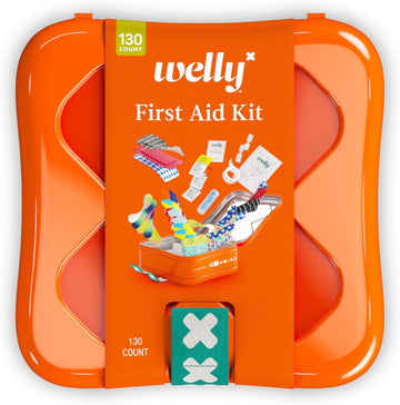 Welly First Aid Kit - Adhesive Flexible Fabric And Waterproof Bandages, Tape And Non-Stick Pads, Butterfly Strips, Single Use Ointments Triple Antibiotic And Hydrocortisone, And Ibuprofen - 130 Count