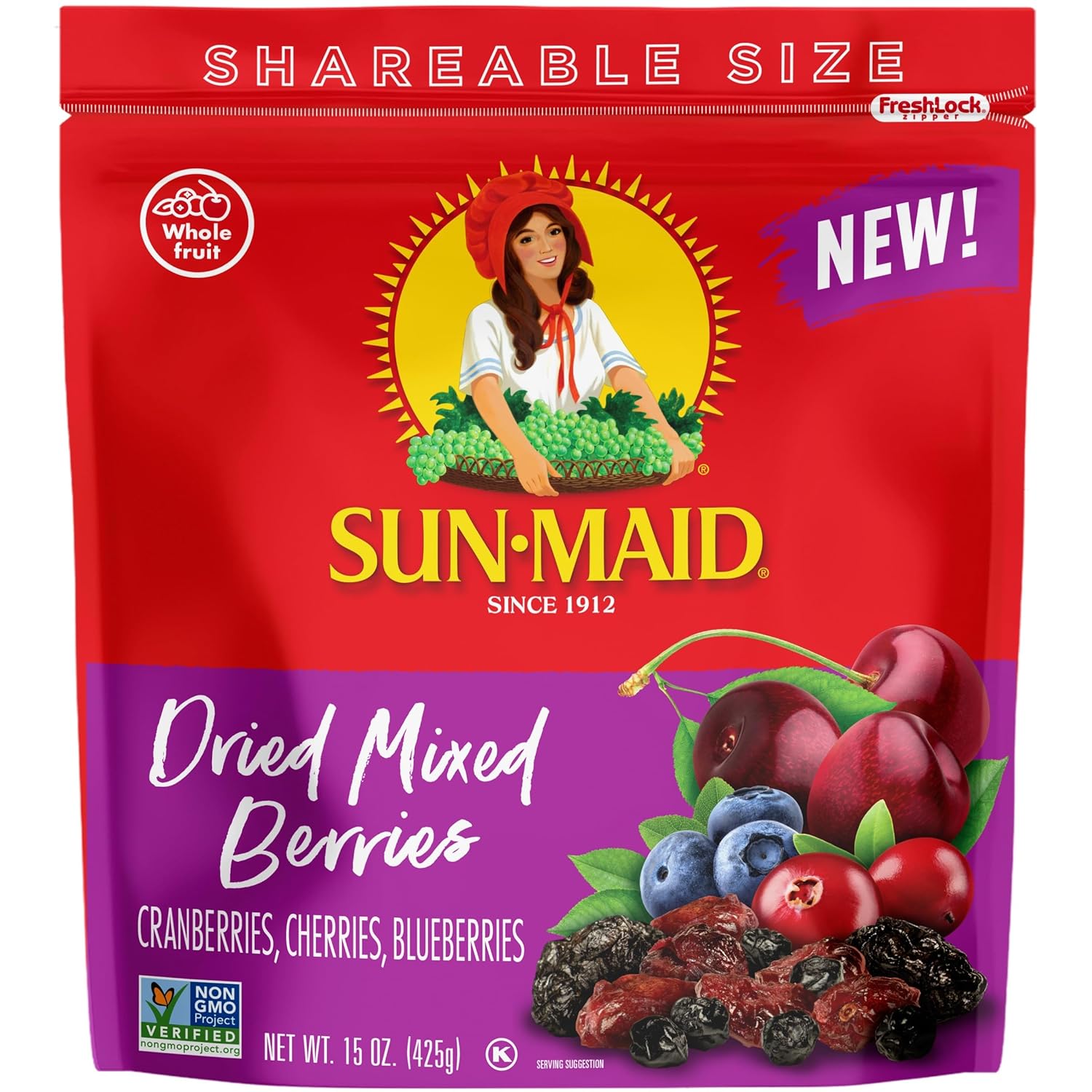 Sun-Maid Dried Mixed Berries - 15 Oz Resealable Bag - Cranberries, Cherries, And Blueberries - Dried Fruit Snack For Lunches, Snacks, And Natural Sweeteners