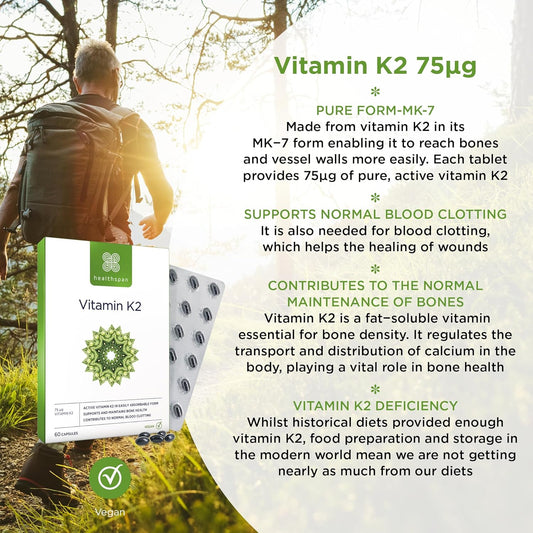 Healthspan Vitamin K2 75µg (60 Capsules) | For Bone And Blood Health | Contains 75 µg Vitamin K2 | Using A Pure, Active Form Called Mk-7 | Supports Normal Blood Clotting | Vegan