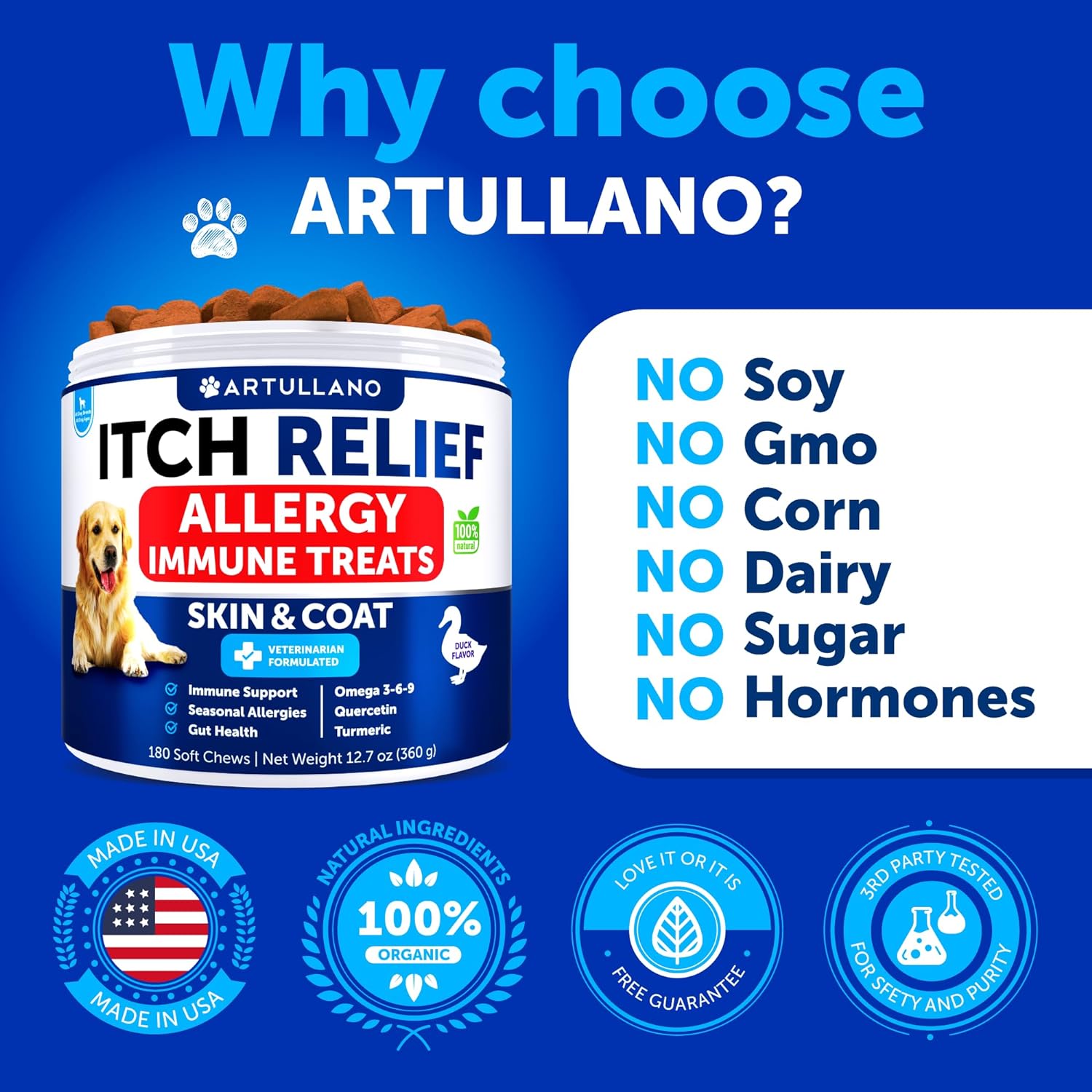 Artullano Dog Allergy Relief Chews - Dog Itching Skin Relief Treatment Pills - Itchy and Paw Licking - Anti-Itch Support - Immune Skin & Coat Supplement - Dry Skin and Hot Spots - 180 Treats : Pet Supplies