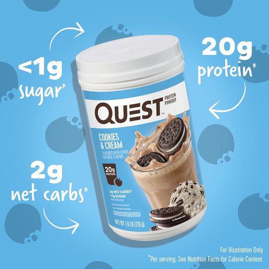 Quest Nutrition Cookies & Cream Protein Powder; 20G Protein; 1G Sugar; Low Carb; Gluten Free; 1.6 Pound; 22 Servings