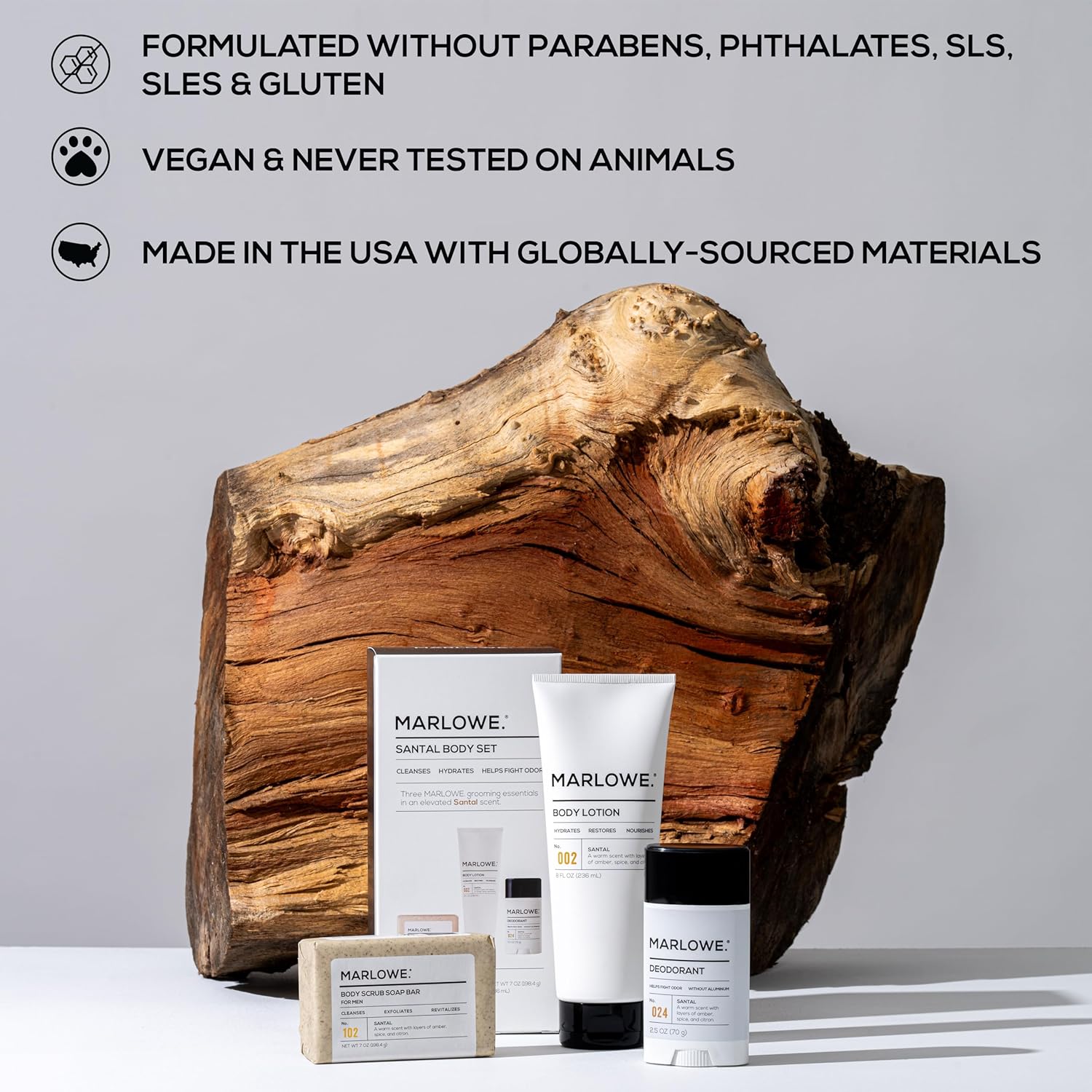 Marlowe. Men'S Grooming Santal Body Set, Features No. 102 Scrub Soap Bar, No. 024 Deodorant & No. 002 Body Lotion, Warm Amber, Sandalwood & Citron Scent : Beauty & Personal Care