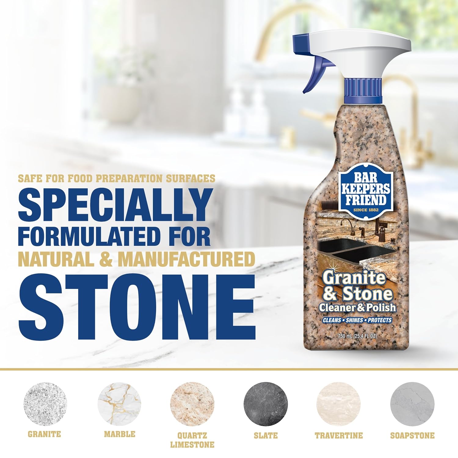 Bar Keepers Friend Granite & Stone Cleaner & Polish (25.4 oz) Granite Cleaner for Use on Natural, Manufactured & Polished Stone, Quartz, Silestone, Soapstone, Marble - Countertop Cleaner & Polish (1) : Health & Household