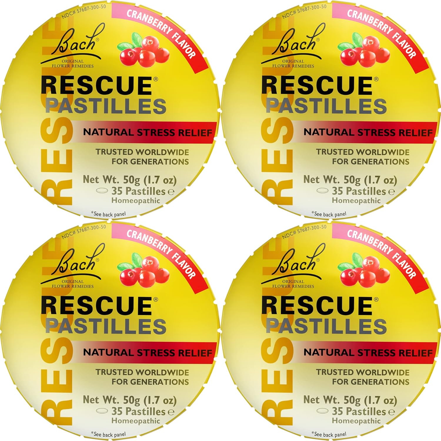 Bach Rescue Pastilles, Cranberry Flavor, Natural Stress Relief Lozenges, Homeopathic Flower Essence, Vegetarian, Gluten & Sugar-Free, 35 Count, 4 Pack