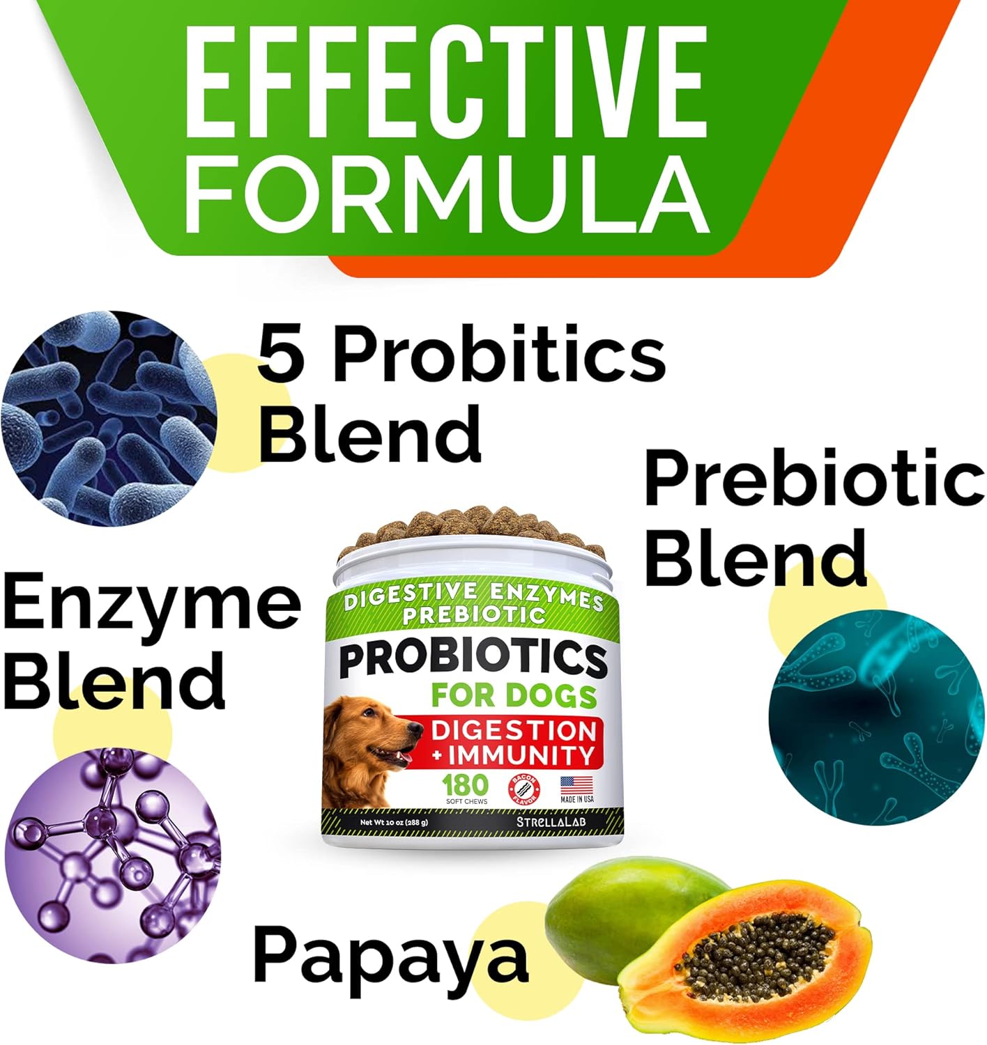 StrellaLab Dog Probiotics Treats for Picky Eaters (180ct) - Digestive Enzymes + Prebiotics - Chewable Fiber Supplement - Allergy, Diarrhea, Gas, Constipation, Upset Stomach Relief - Improve Digestion : Pet Supplies