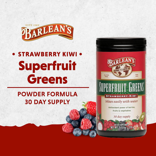 Barlean's Strawberry Kiwi Superfruit Greens Powder, Daily Fruits & Veggies Superfood Supplement, Green Antioxidant Blend & Fiber Super Power Smoothie Mix, 9.52 oz