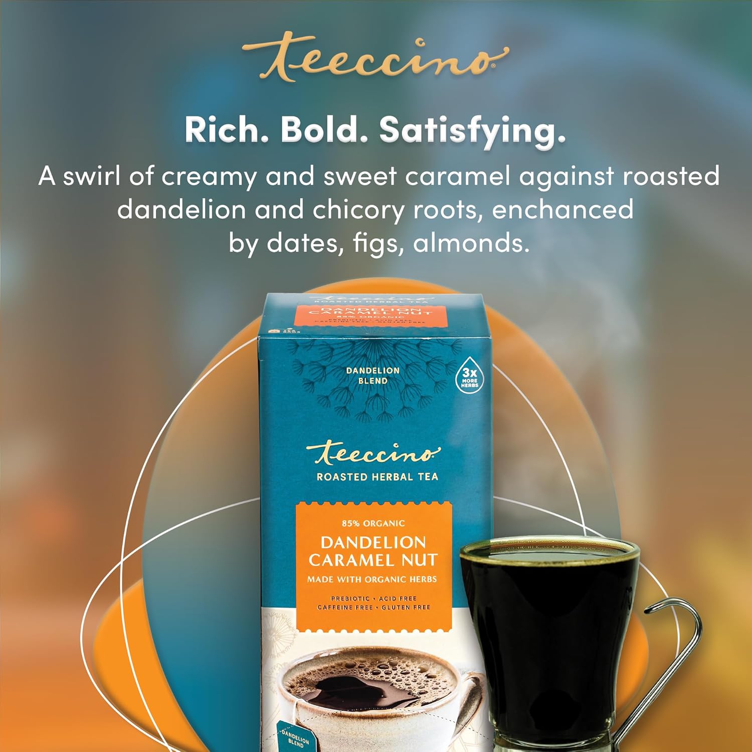 Teeccino Dandelion Caramel Nut Tea - Caffeine Free, Roasted Herbal Tea With Prebiotics, 3X More Herbs Than Regular Tea Bags, Gluten Free - 25 Tea Bags