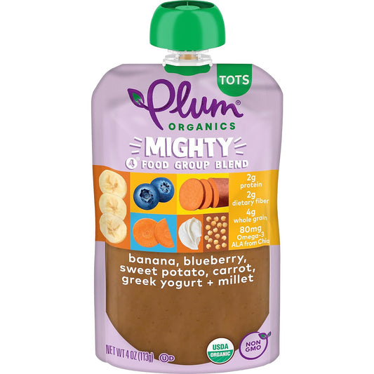 Plum Organics Mighty 4 Organic Toddler Food - Banana, Blueberry, Sweet Potato, Carrot, Greek Yogurt, and Millet - 4 oz Pouch (Pack of 6) - Organic Fruit and Vegetable Toddler Food Pouch