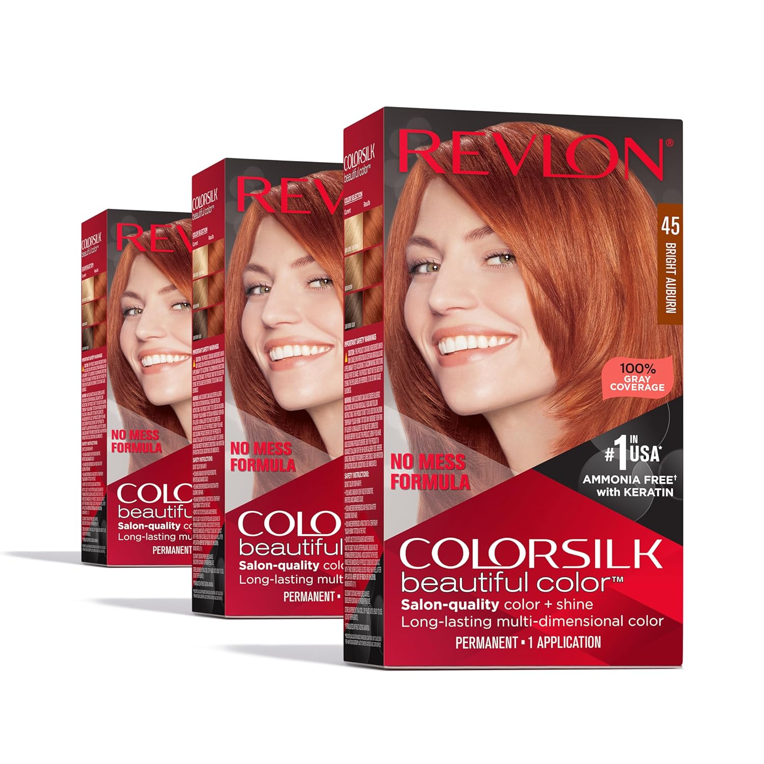 Revlon Colorsilk Beautiful Color Permanent Hair Color, Long-Lasting High-Definition Color, Shine & Silky Softness With 100% Gray Coverage, Ammonia Free, 45 Bright Auburn, 3 Pack