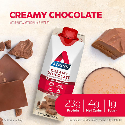 Atkins Creamy Chocolate Meal Size Protein Shake, 23G Protein, Low Glycemic, 4G Net Carb, 1G Sugar, Keto Friendly, 12 Count