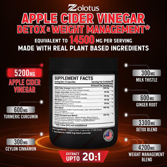 16 In 1 Apple Cider Vinegar Capsules, Equivalent to 14500mg, with Turmeric, Cinnamon, Milk Thistle, Garcinia Cambogia, Quercetin, Best Supplement for Keto, Detox & Weight Management (120 Capsules)