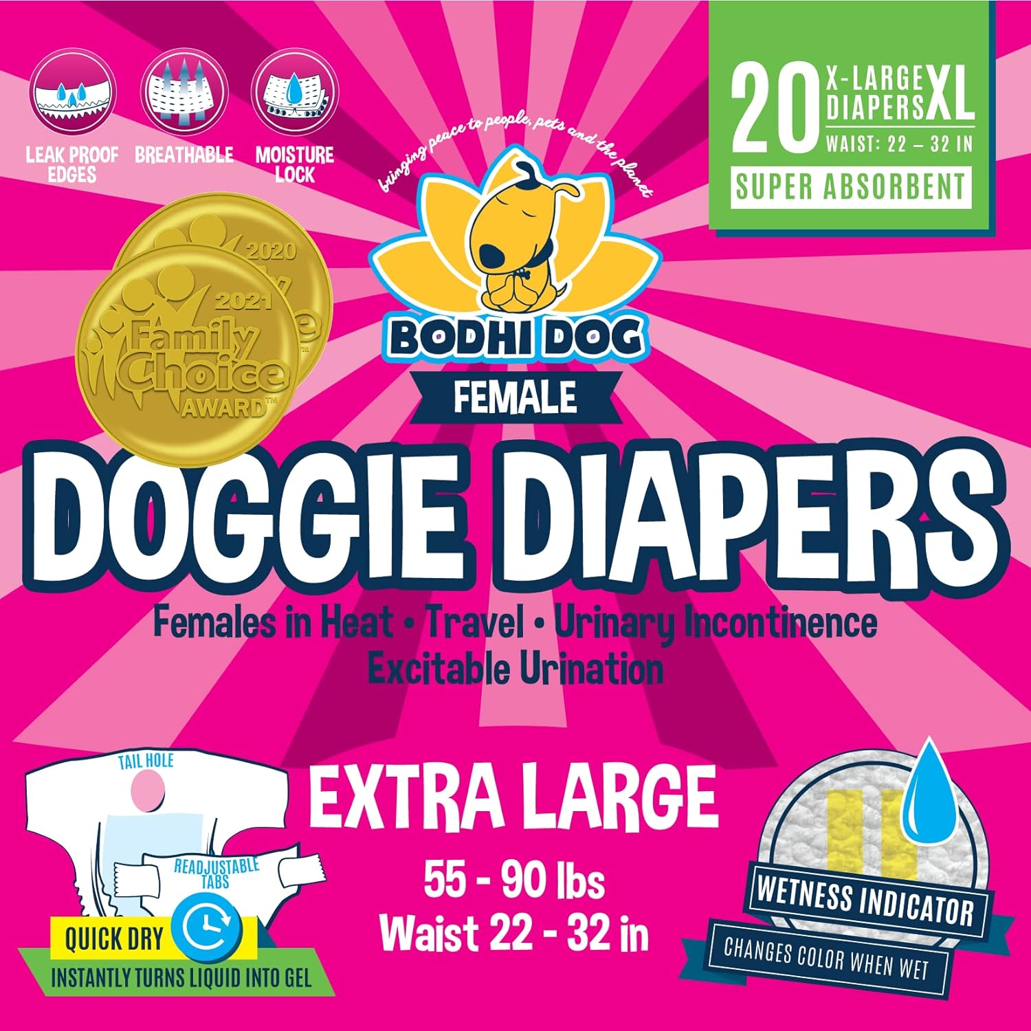 Bodhi Dog Disposable Female Dog Diapers | Super Absorbent Leak-Proof Fit | Premium Adjustable Dog Diapers With Moisture Control & Wetness Indicator | 20 Count Extra Large Size