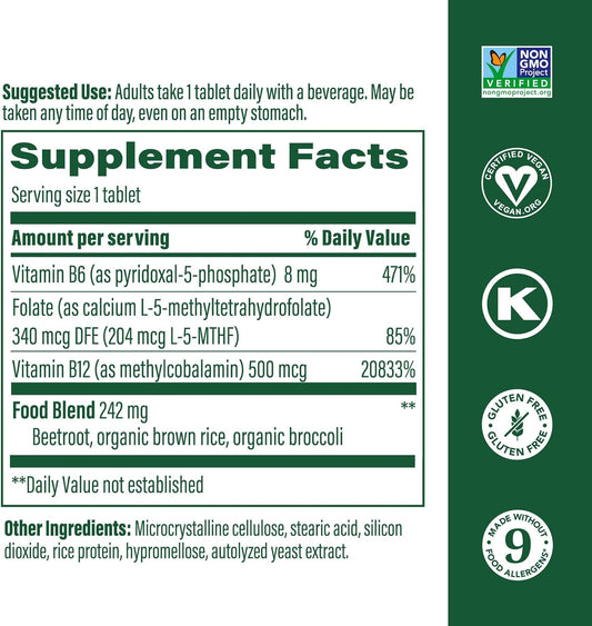Megafood Methyl B12 - Vegan - Includes Methyl Folate, Vitamin B12 & B6 - Supports Cellular Energy Production, Nervous System Health & Cardiovascular Function - 60 Tablets