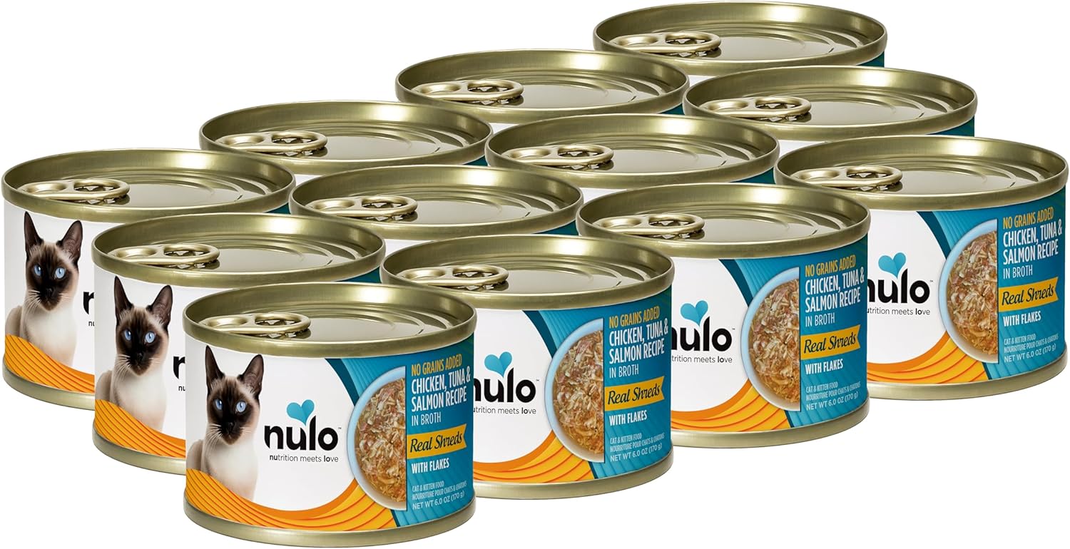 Nulo Grain-Free Real Shreds With Flakes Wet Canned Cat & Kitten Food, Chicken, Tuna, And Salmon In Broth, 6.0 Ounce, 8 Cans