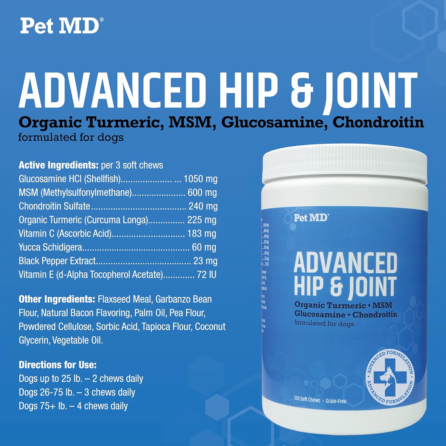 Pet MD Glucosamine for Dogs | Dog Joint Supplement with Glucosamine, Chondroitin & MSM - Inflammatory Pain Relief Chews for Hip & Joints - Bacon Flavored - includes Yucca & Turmeric - 120 Ct : Pet Supplies