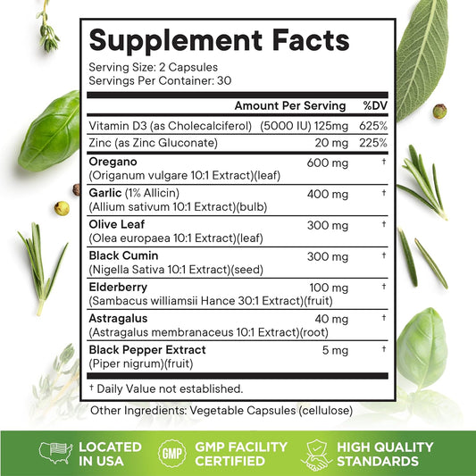Superfood Md Oregano Oil Garlic Extract Olive Leaf Black Seed Oil Astragalus- For Women And Men- 60 Count