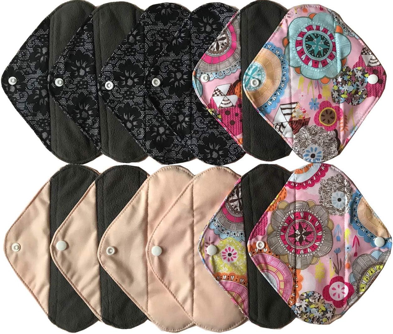 MUMBABY 12 pcs 8inch Pantyliner Charcoal Bamboo Mama Cloth/Menstrual Pads/Reusable Sanitary Pads