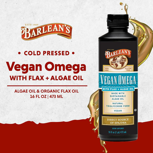 Barlean's Vegan Omega Liquid Flax and Algae Oil Plant Based EPA DHA Su