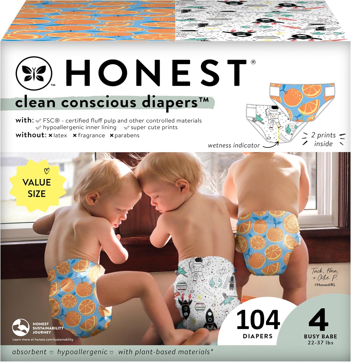 The Honest Company Clean Conscious Diapers | Plant-Based, Sustainable | Space Travel + Orange You Cute | Super Club Box, Size 4 (22-37 Lbs), 104 Count