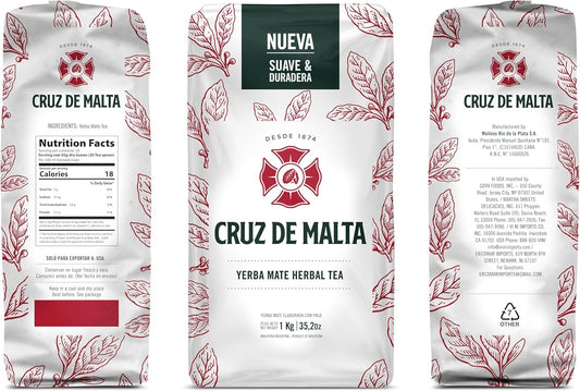 Yerba Mate Cruz De Malta 2.2 Lb / 1Kg | Traditional Argentina Brew Gluten-Free | Large Leaf Low Dust Yerba Mate